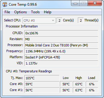 Zrzut ekranu: Program Core Temp 0.99.6