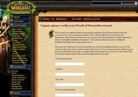 Fałszywa formularz World of Warcraft